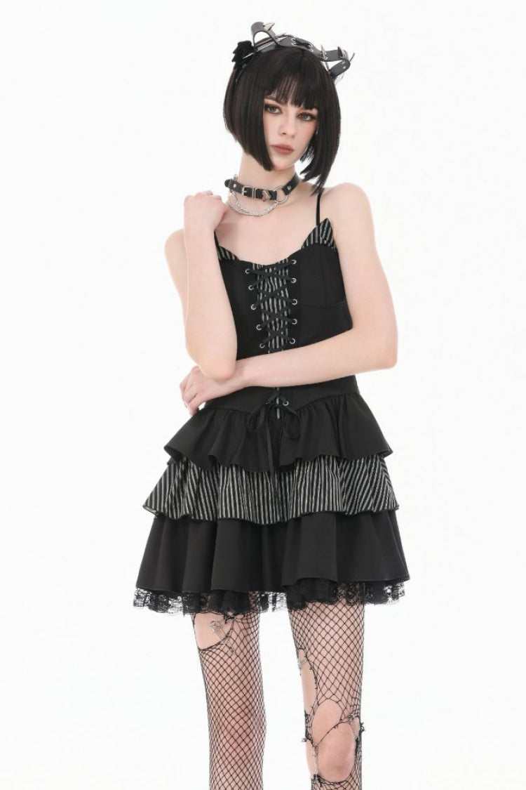 Black/White Contrast Stripes Lace-Up Multi-Layered Ruffled Hem Women's Gothic Slip Dress - Product - 5