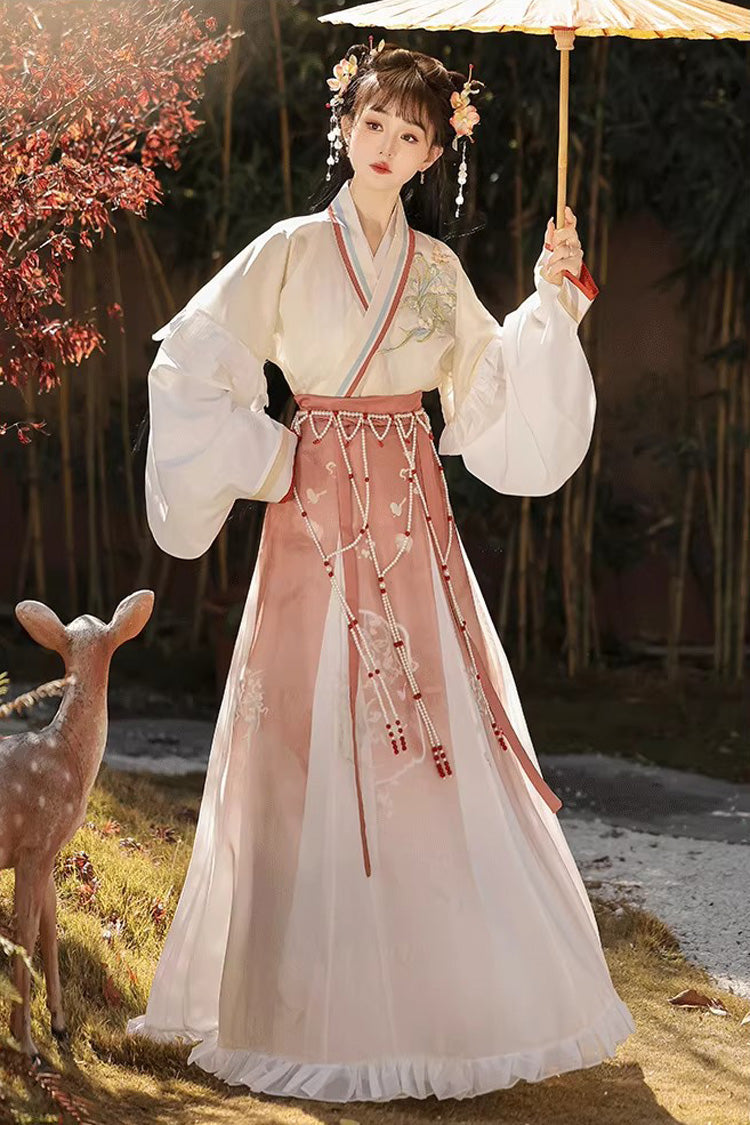 [Lily of the Valley] Long Sleeves Wei-Jin Style Ombre Printed Ruffled Embroidered Chinese Style Classic Hanfu Dress Set 3 Colors - Product - 3