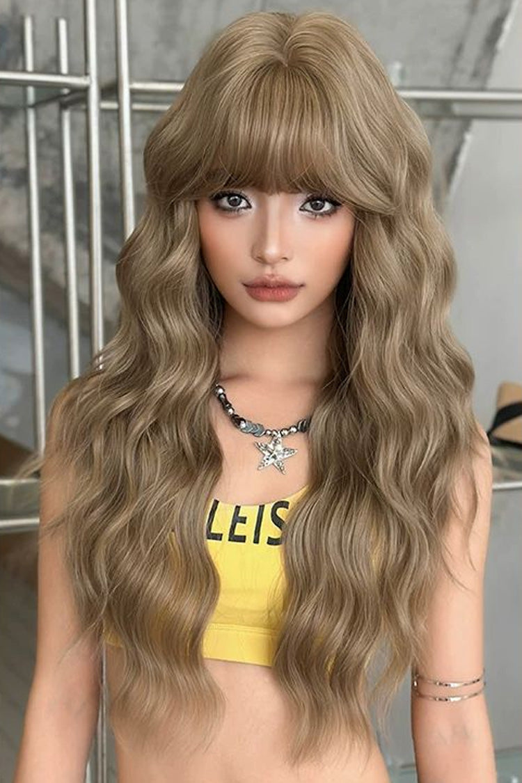 Korean Fluffy Long Water Wave Sweet Lolita Wig with Thin Air Bangs 3 Colors - Smoky-Grey-Green - 4