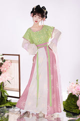 Pink/Green Round Collar Short Sleeves High Waisted Print Women's Chinese Style Hanfu Dress Full Set - Product - 3