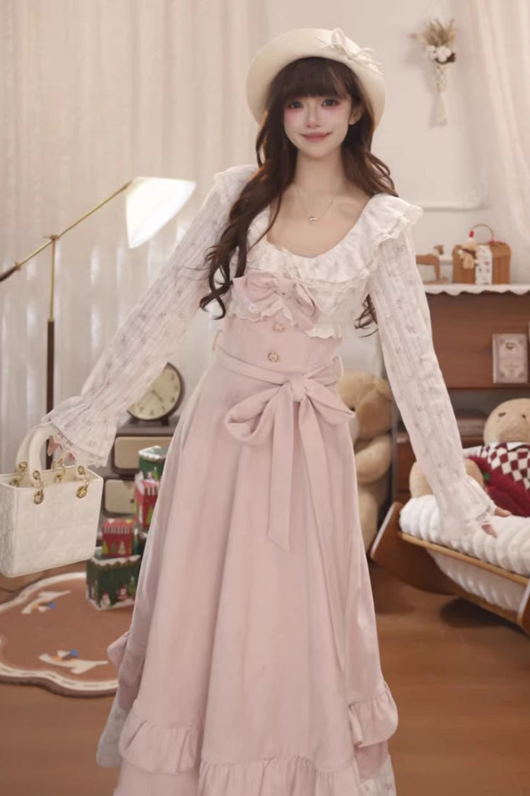 Pink [Sakura Milk Cake] Long Sleeves Double-Layered Bow Lace Sweet Princess Lolita Dress - Product - 4