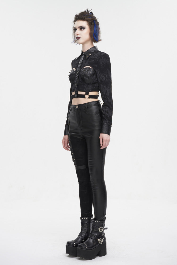 Black Turn Down Collar Cutout Long Sleeves Studded Women's Punk Shirt - Product - 5