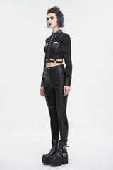 Black Turn Down Collar Cutout Long Sleeves Studded Women's Punk Shirt - Product - 5
