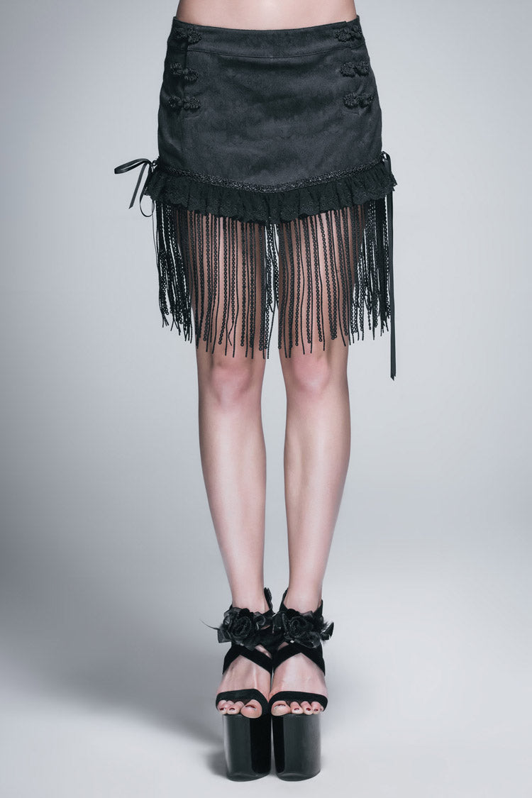Black Jacquard Lace Tassel Hem Back Waist Lace Up Short Women's Gothic Skirt - Black - 1