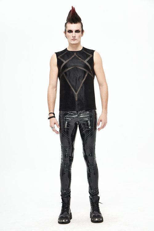 Black Punk Circuit Printed High Quality Stretchy Leather Tight Mens Pants - Product - 3