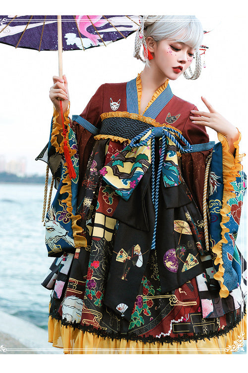 Multi-Color Retro Japanese Fox Trick Print High Waist Sweet Lolita OP Dress - Product - 2