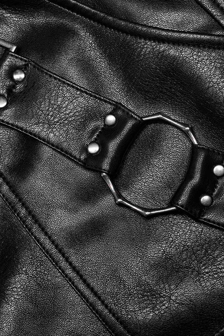 Black Faux Leather Detachable Metal Side Straps Men's Steampunk Pants - Product - 5