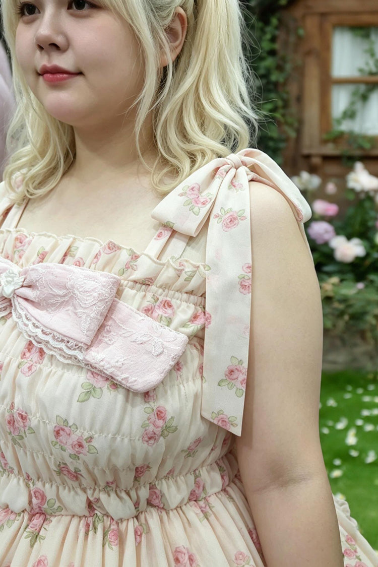 Pink [Rose Maiden] Square Collar Sleeveless Rose Printed Ruffled Bow Lace Plus Size Sweet Lolita Dress - Product - 5