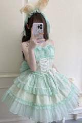 Green Halterneck Triple-Layered Bowknot Lace Sweet Lolita Jsk Dress - Green - 1