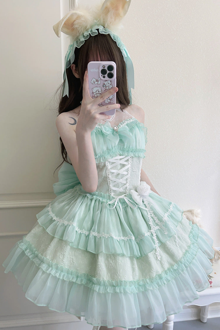 Green Halterneck Triple-Layered Bowknot Lace Sweet Lolita Jsk Dress - Green - 1