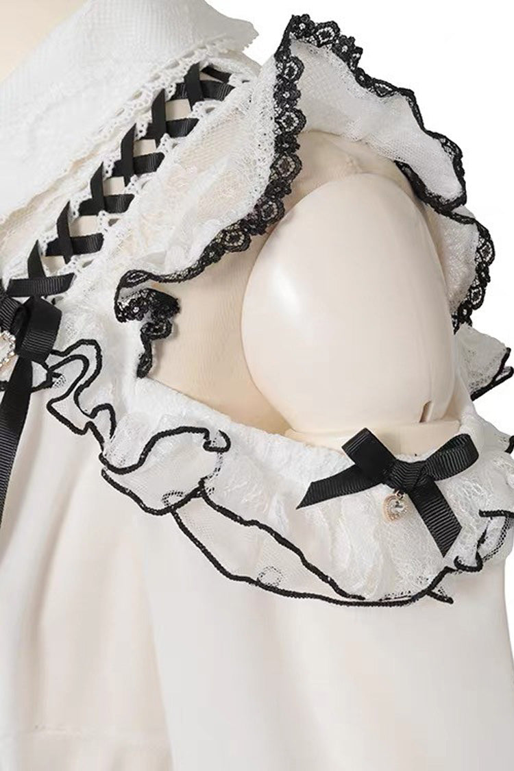 Sweet Lapel Collar Off Shoulder Long Sleeves Bow Spliced Lace Plus Size Japanese Lolita Blouse 3 Colors - Product - 8