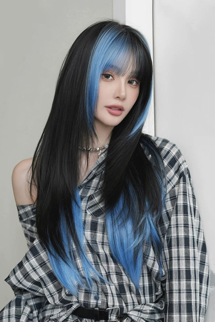 Black/Blue Ombre Highlighted High-Layered Long Straight Sweet Lolita Wig - Black/Blue - 1