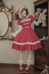 Red [Showa Memoir] Polka Dots Printed Ruffled Bow Sweet Lolita Dress - Product - 21