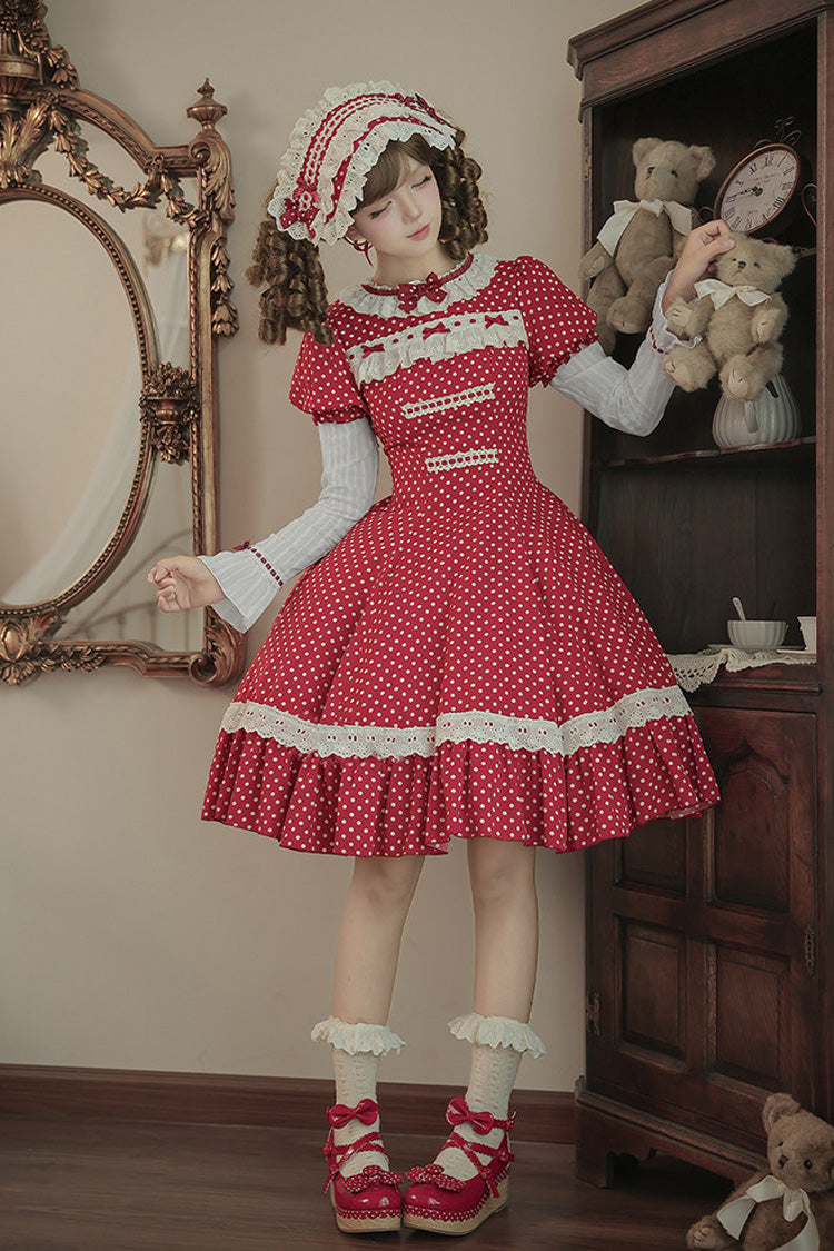 Red [Showa Memoir] Polka Dots Printed Ruffled Bow Sweet Lolita Dress - Product - 21