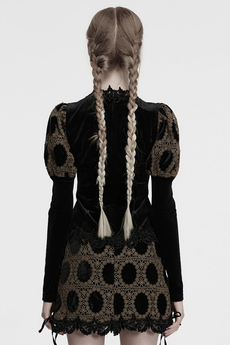 Coffee Long Puff Sleeves Print Embroidery Women's Gothic Blouse - Product - 3