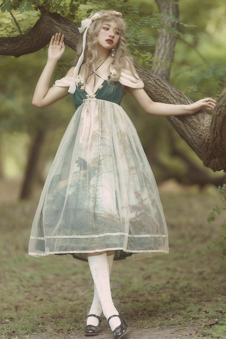 Green V Collar Morning In Pine Forest Print Sweet Lolita Jsk Dress - Green - 1