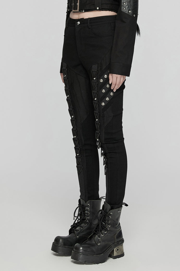 Black Triangular Stitching Mesh Buckle Women's Punk Pants - Product - 2