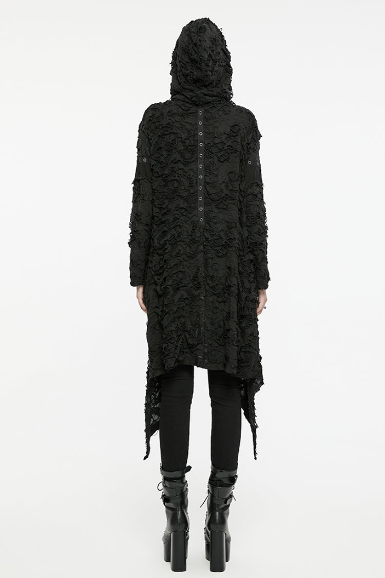 Black Ruffle Hooded Ripped Asymmetric Women's Punk Long Coat - Product - 4