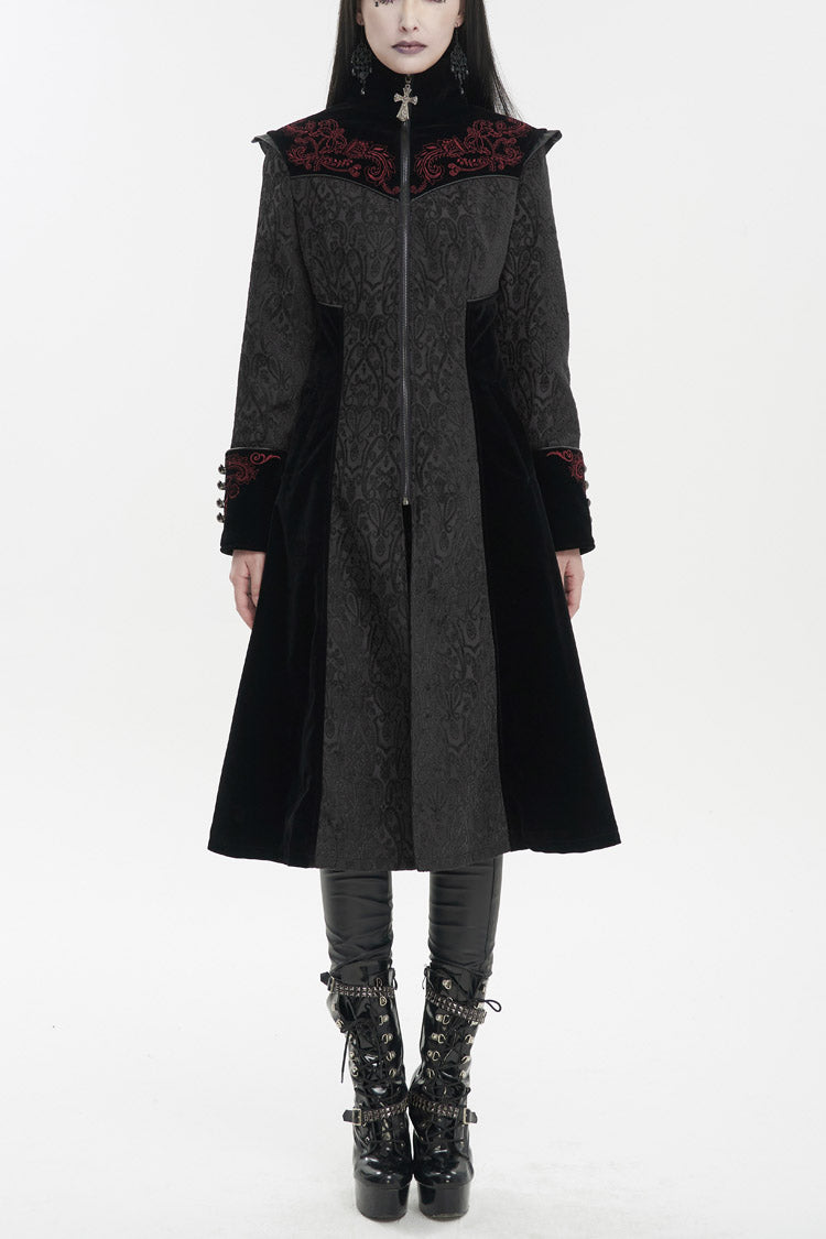 Black Jacquard Studded Mushroom Buckle Metal Cross Embroidered Women's Gothic Coat - Black - 1