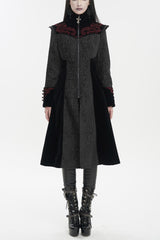 Black Jacquard Studded Mushroom Buckle Metal Cross Embroidered Women's Gothic Coat - Black - 1