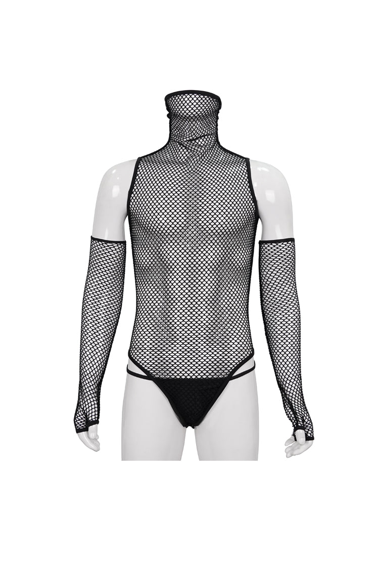 Black Transparent Mesh Sexy Super High Collar Masked Glove Thong Men's Punk Onesie - Product - 7