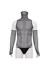 Black Transparent Mesh Sexy Super High Collar Masked Glove Thong Men's Punk Onesie - Product - 7