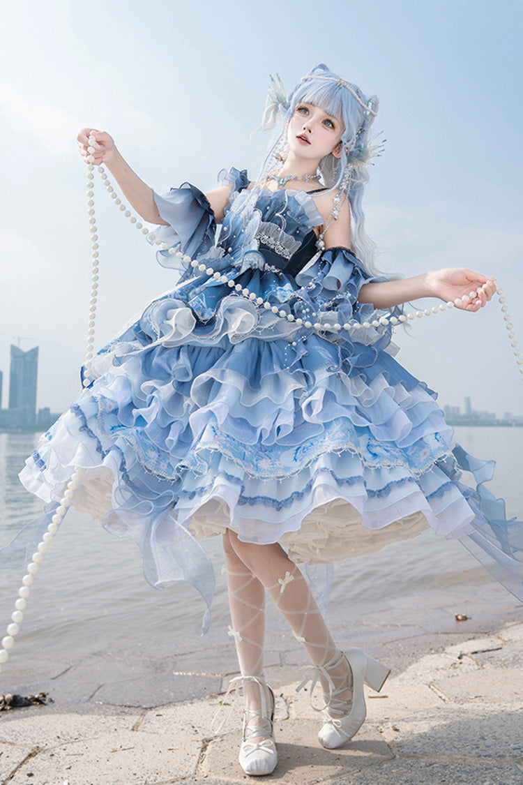 Blue [Jellyfish] Gradient Print Ruffle Embroidery Bowknot Lace Asymmetric Sweet Elegant Lolita Jsk Dress - Product - 2
