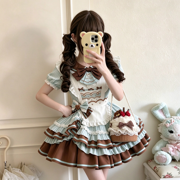 Blue and Brown Ruffled Striped Maid Lolita Dress Set with Apron Bow Accent - view 2