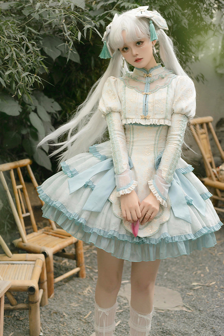Light Green Multi-layer Ruffle Embroidery Bowknot Chinese Style Sweet Lolita Jsk Dress - Product - 3