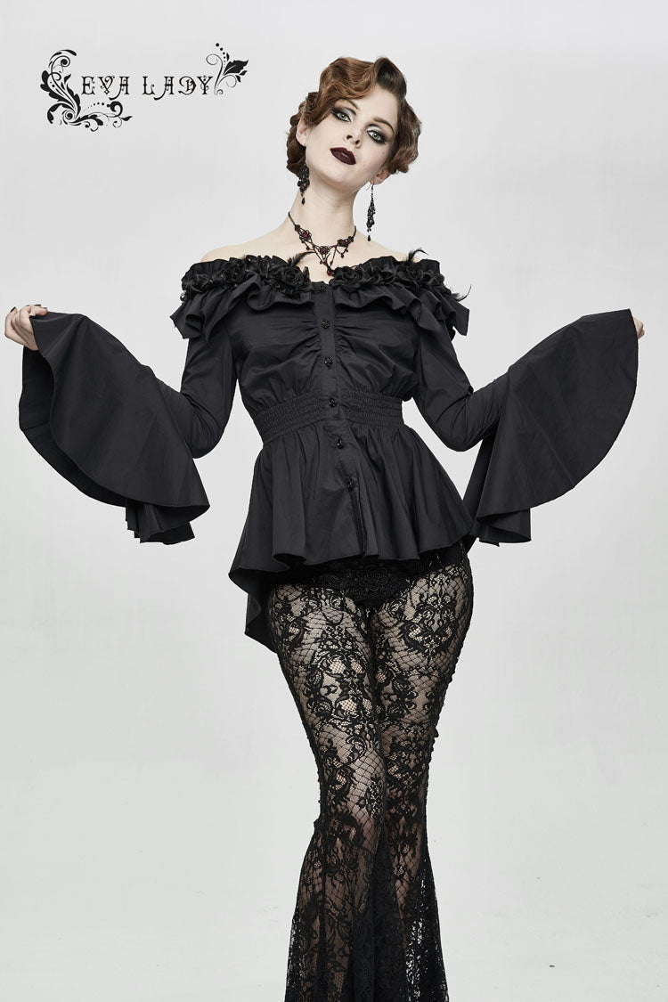 Black Rose Flowers Decoration One-Word Collar Long Sleeve Flare Cuff Women's Gothic Blouse - Product - 2
