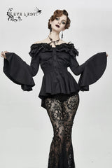 Black Rose Flowers Decoration One-Word Collar Long Sleeve Flare Cuff Women's Gothic Blouse - Product - 2