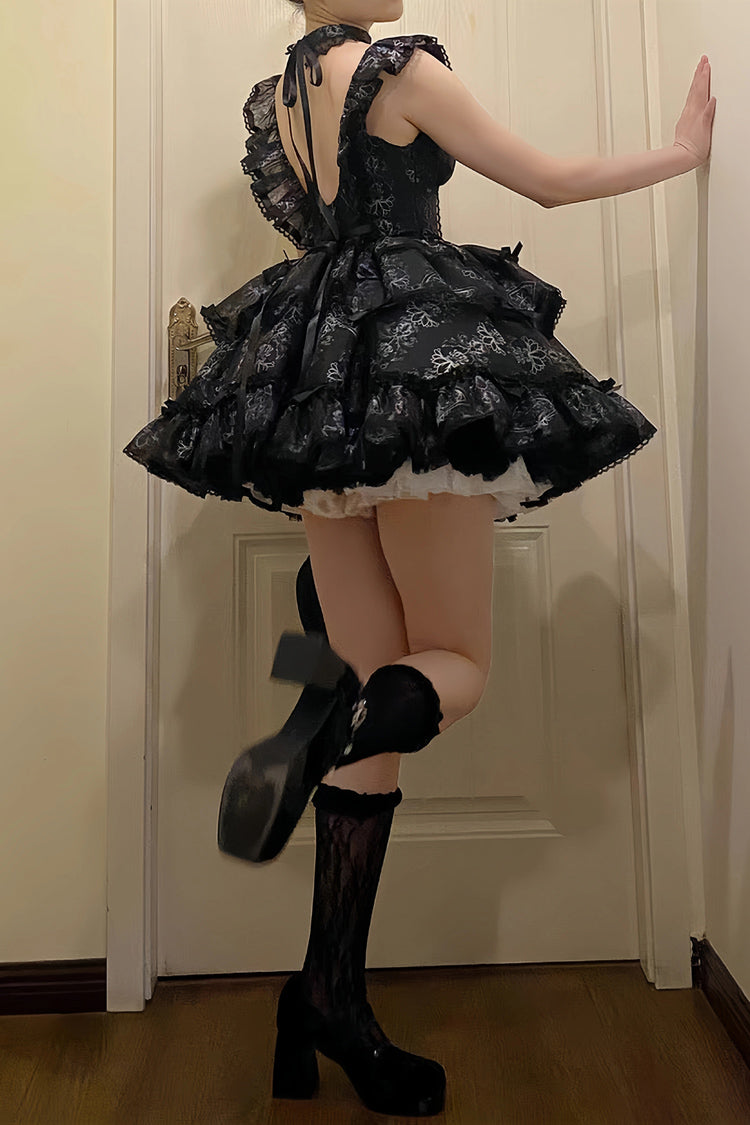 Black Multi-layer Ruffle Ballet Bowknot Print Gothic Lolita Jsk Dress - Product - 5