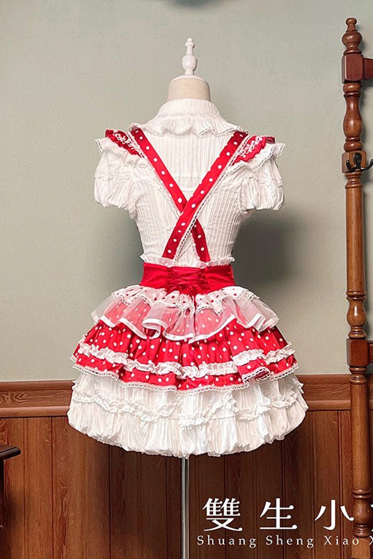 Red/White [Twin Bears] Birthday Cake Sleeveless Print Ruffle Bowknot Lace Sweet Lolita Small Flower Bud Dress - Product - 10