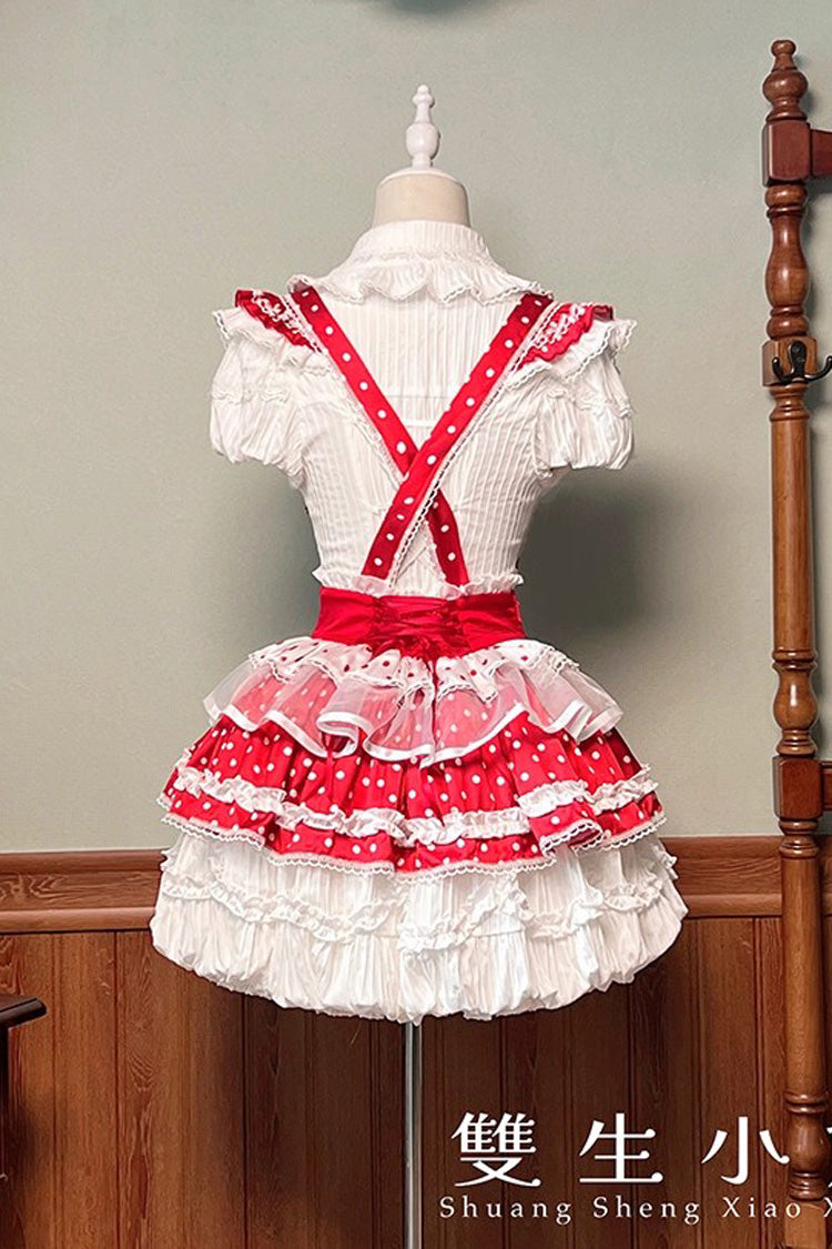 Red/White [Twin Bears] Birthday Cake Sleeveless Print Ruffle Bowknot Lace Sweet Lolita Small Flower Bud Dress - Product - 10