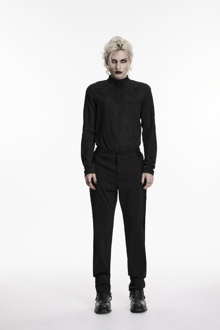 Black Spliced Lace-Up Slim Buckled Men's Gothic Pants - Black - 1
