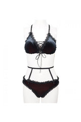 Black Red Velvet Chest Lace Up Gothic Swimsuit Suit - Product - 7