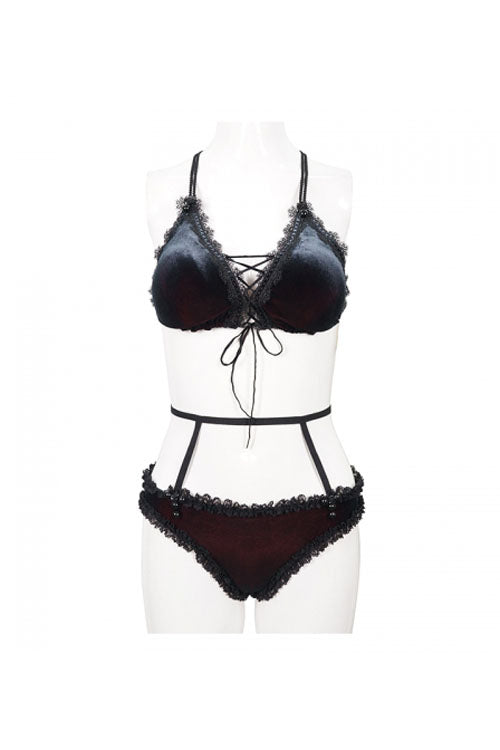 Black Red Velvet Chest Lace Up Gothic Swimsuit Suit - Product - 7