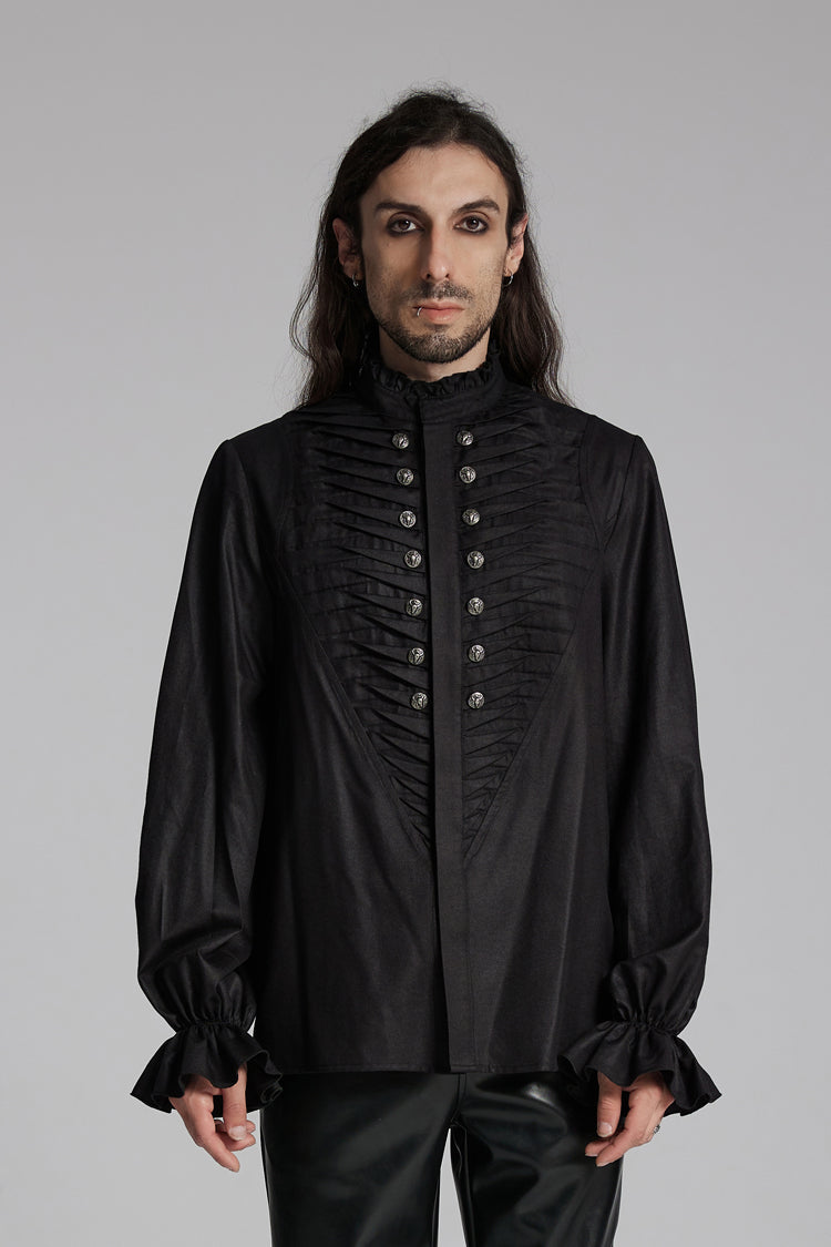 Black Long Sleeves Ruffle Beast Buckle Men's Gothic Blouse - Black - 1