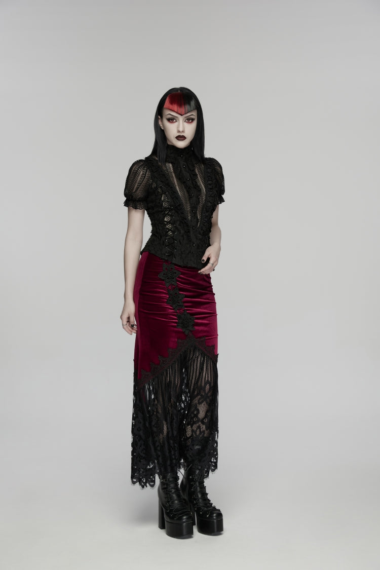 Black Stand Collar Short Sleeves Ruffled Cut-Out Embroidered Lace Women's Gothic Blouse - Product - 5