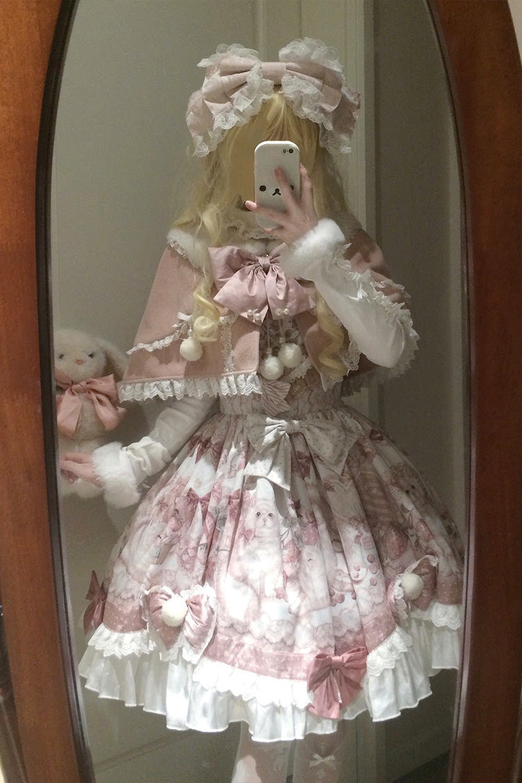Pink [Sweet Dessert Cat] Print Ruffle Bowknot Lace Sweet Princess Lolita Dress Set - Product - 8