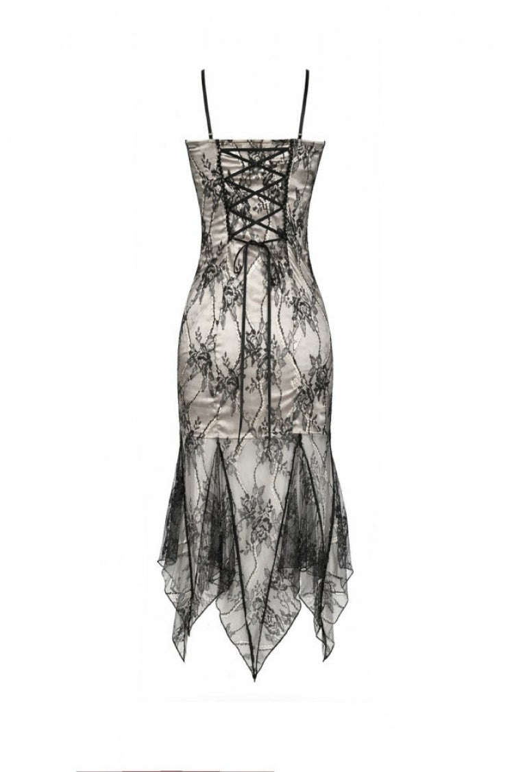 Black/White Lace Floral Embroidered Lace-Up Asymmetric Hem Women's Gothic Slip Dress - Product - 13