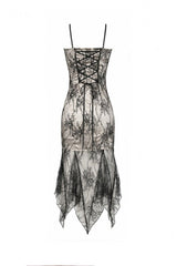 Black/White Lace Floral Embroidered Lace-Up Asymmetric Hem Women's Gothic Slip Dress - Product - 13