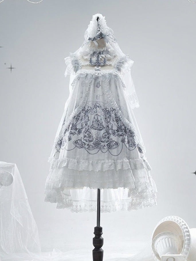 Gothic White Candle Print Waistless Lolita JSK Dress with Lace Details + Choker + Candle Embroidered Brooch Set - view 4