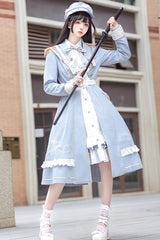 White/Blue Star Ocean Fantasy Cardigan Bowknot Stitching Sweet Military Lolita Dress - White/Blue - 1