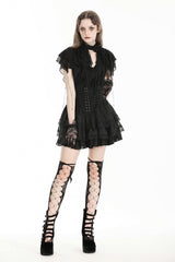 Black Stand Collar Ruffled Short Sleeves Lace Spliced Women's Gothic Blouse - Product - 9