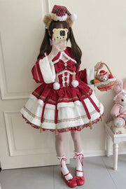 Red [Snow Rabbit] Long Sleeves Ruffle Bowknot Fake Two Pieces Sweet Lolita Dress - Red - 1