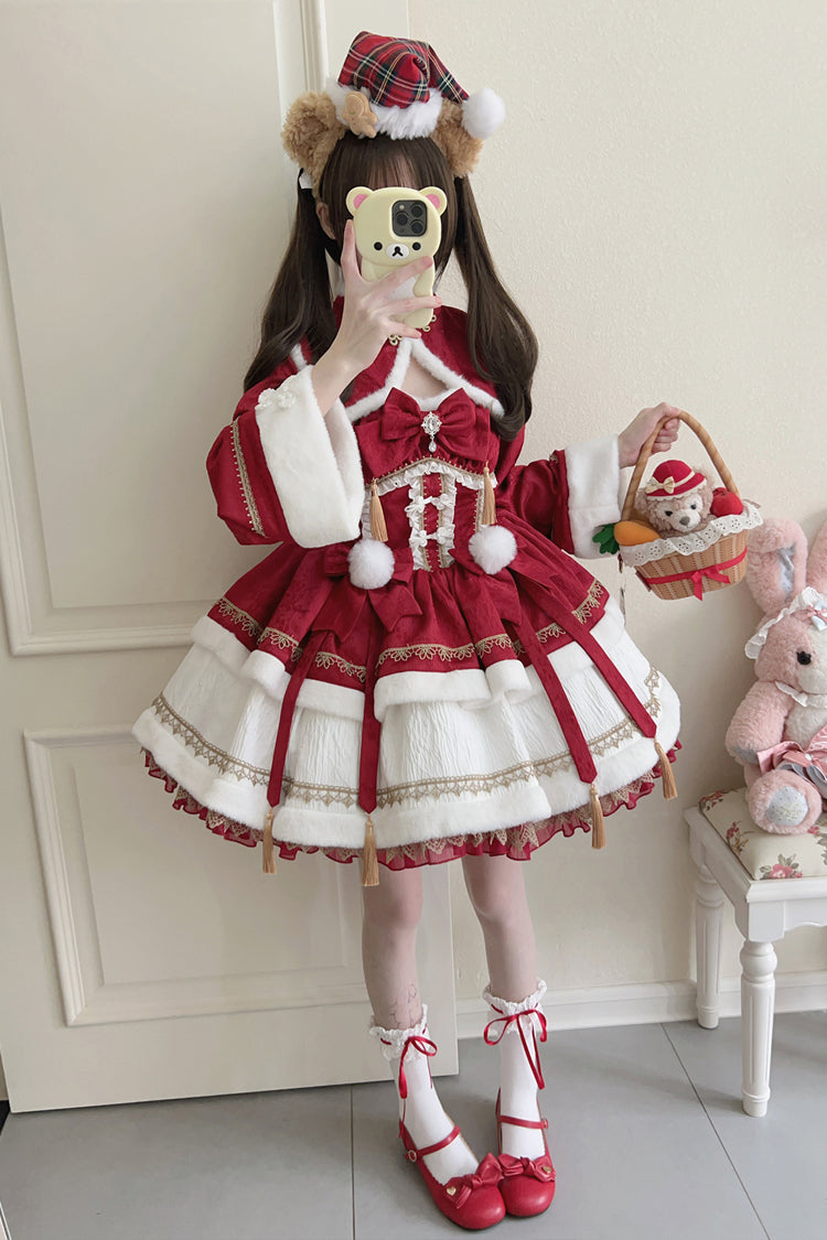 Red [Snow Rabbit] Long Sleeves Ruffle Bowknot Fake Two Pieces Sweet Lolita Dress - Red - 1