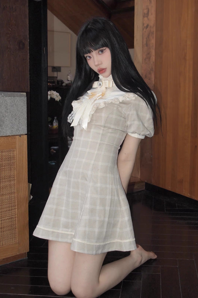 Apricot Short Sleeves Plaid Printed Lace Jirai Kei Japanese Dress - Product - 3