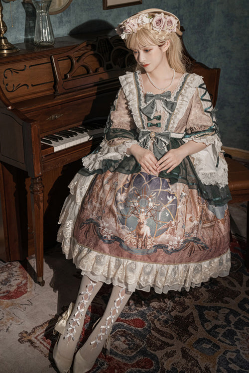 Multi-Color Retro Hime Sleeves Sacred Deer Print Classic Lolita OP Dress - Product - 2