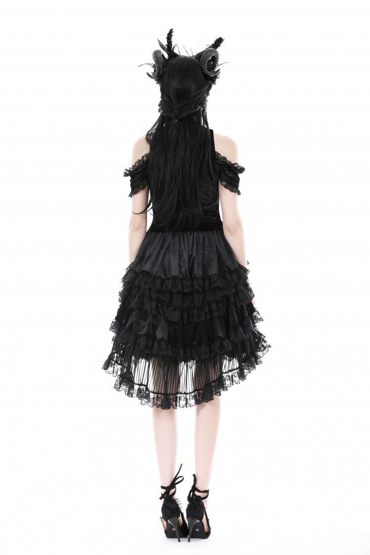 Black Women's Gothic Princess Multi-Layered Ruffled Lace High-Low Skirt - Product - 4